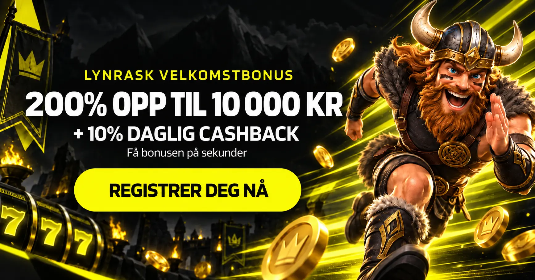 ProntoBet Casino viking-maskot med lynrask velkomstbonus 200% opptil 10 000 kr og 10% daglig cashback